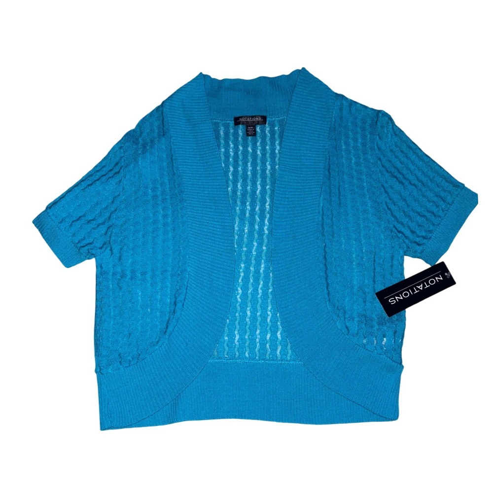 NWT Notations Y2K Blue Short Sleeve Cardigan Shrug Pointelle Knit Womens Medium